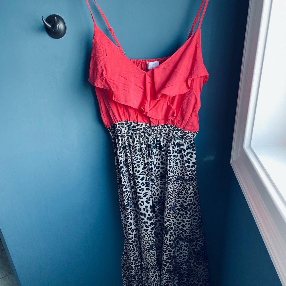 Floor length leopard and hot pink summer dress with adjustable straps.